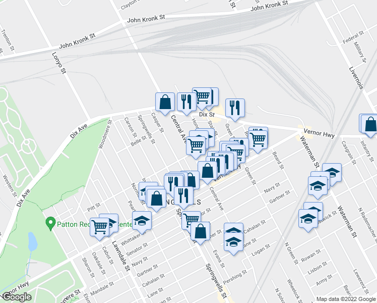 map of restaurants, bars, coffee shops, grocery stores, and more near 2552 Central Avenue in Detroit
