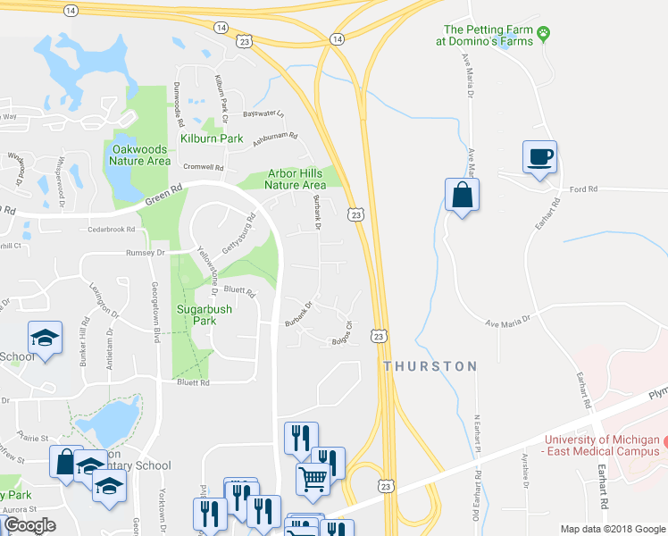 map of restaurants, bars, coffee shops, grocery stores, and more near 3408 Burbank Drive in Ann Arbor