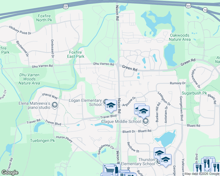 map of restaurants, bars, coffee shops, grocery stores, and more near 2718 Spurway Drive South in Ann Arbor