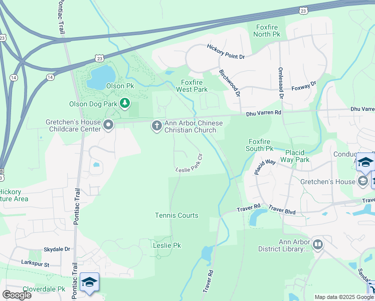map of restaurants, bars, coffee shops, grocery stores, and more near 2831 Leslie Park Circle in Ann Arbor