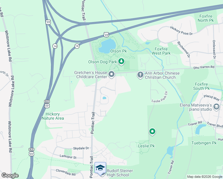 map of restaurants, bars, coffee shops, grocery stores, and more near 2964 Hunley Drive in Ann Arbor