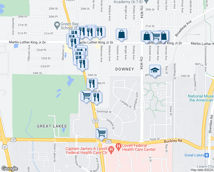 map of restaurants, bars, coffee shops, grocery stores, and more near 2400 24th Place in North Chicago