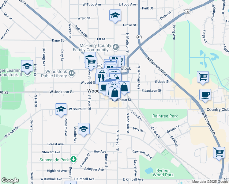 map of restaurants, bars, coffee shops, grocery stores, and more near 107 North Jefferson Street in Woodstock