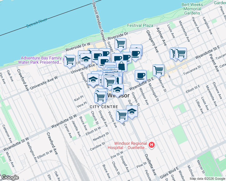 map of restaurants, bars, coffee shops, grocery stores, and more near in Windsor