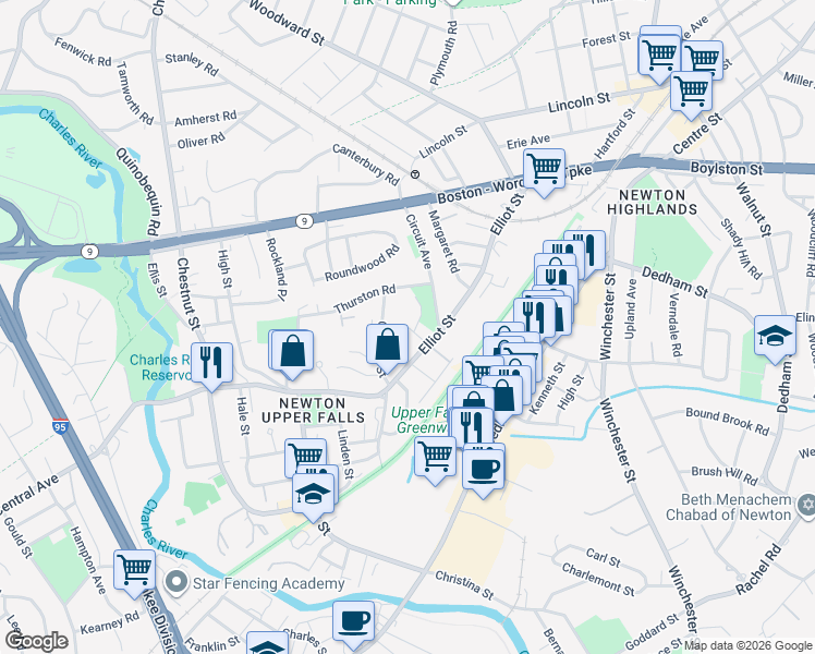 map of restaurants, bars, coffee shops, grocery stores, and more near 23 Columbia Avenue in Newton