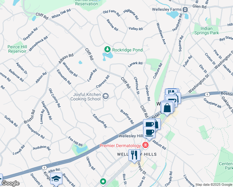 map of restaurants, bars, coffee shops, grocery stores, and more near 21 Cushing Road in Wellesley