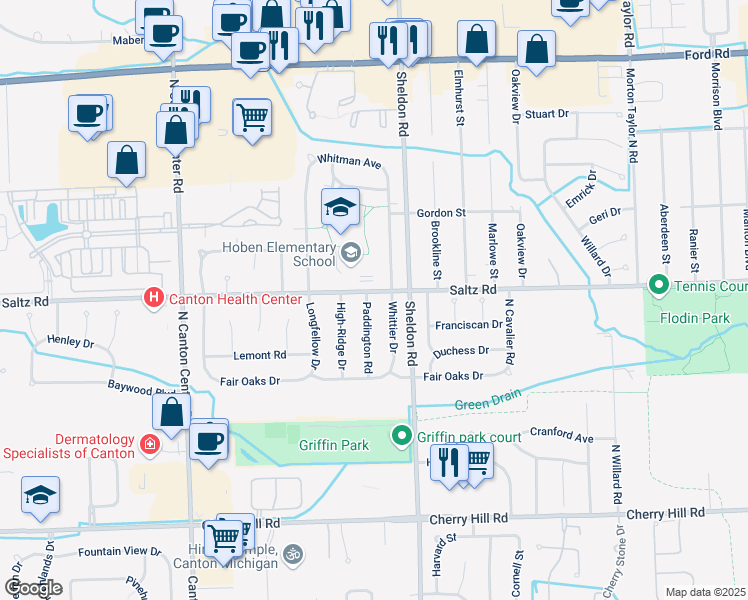 map of restaurants, bars, coffee shops, grocery stores, and more near 1258 Paddington Road in Wayne County