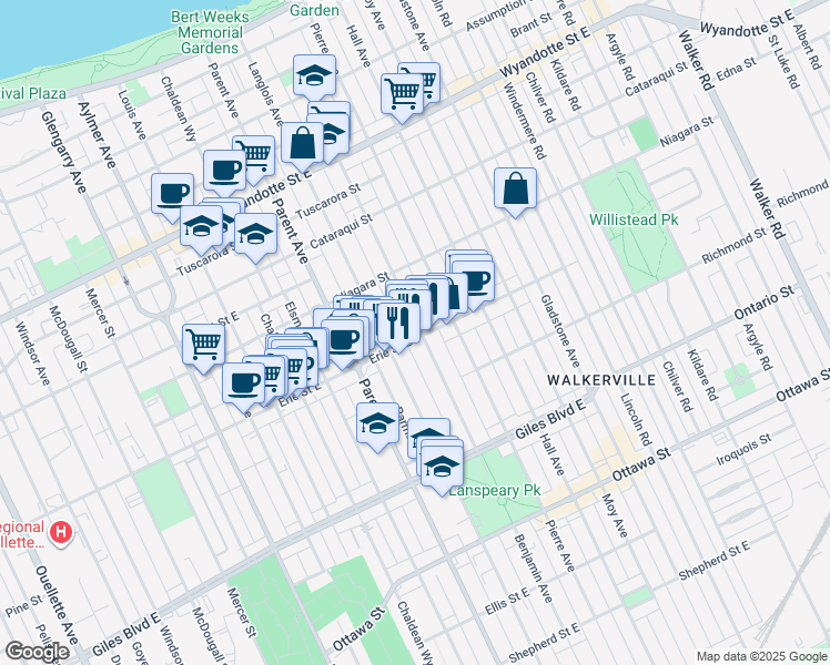 map of restaurants, bars, coffee shops, grocery stores, and more near 1090 Erie Street East in Windsor