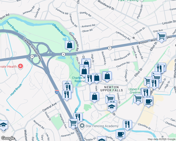 map of restaurants, bars, coffee shops, grocery stores, and more near 25 Winter Street in Newton