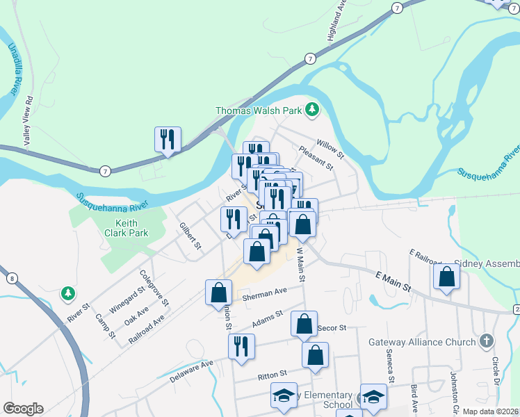 map of restaurants, bars, coffee shops, grocery stores, and more near 12 Division Street in Sidney