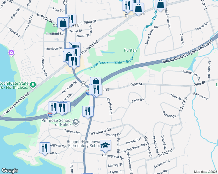 map of restaurants, bars, coffee shops, grocery stores, and more near 20 Pine Street in Natick