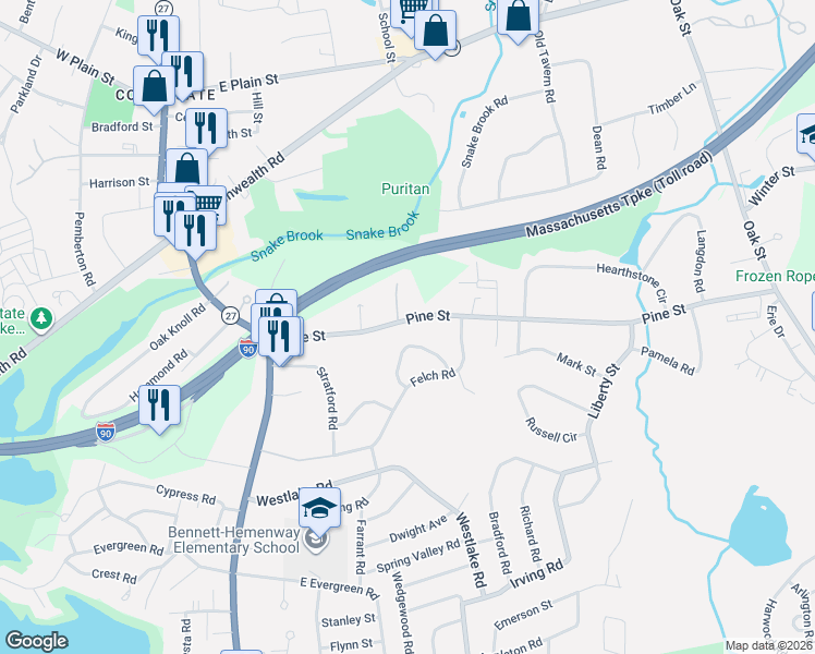 map of restaurants, bars, coffee shops, grocery stores, and more near 37 Pine Street in Natick