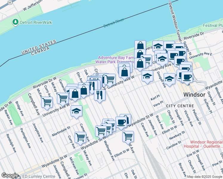 map of restaurants, bars, coffee shops, grocery stores, and more near 860 University Avenue West in Windsor