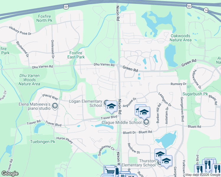 map of restaurants, bars, coffee shops, grocery stores, and more near 2718 Spurway Drive South in Ann Arbor