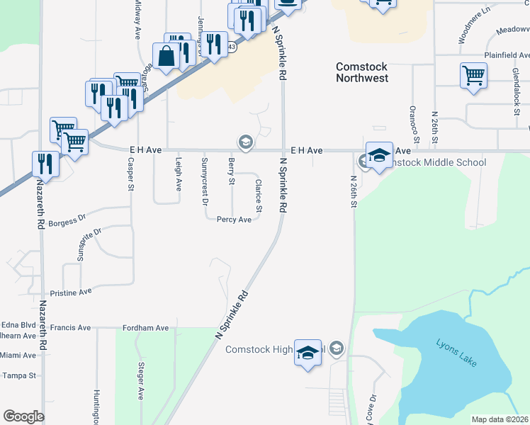 map of restaurants, bars, coffee shops, grocery stores, and more near 2916 Clarice Street in Kalamazoo