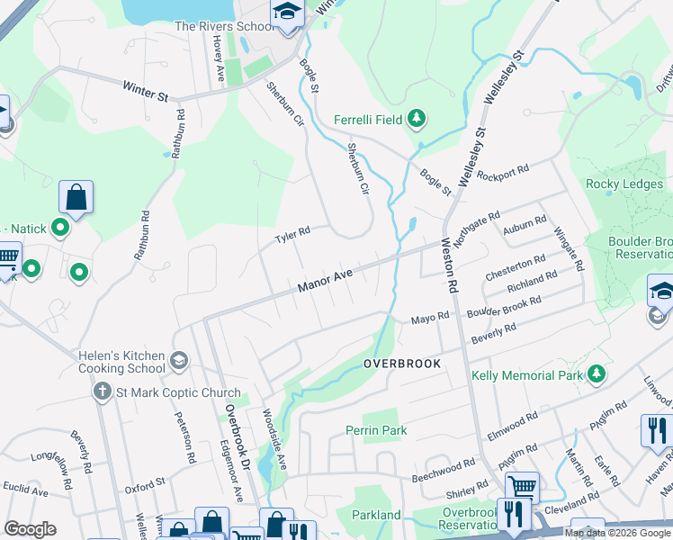 map of restaurants, bars, coffee shops, grocery stores, and more near 59 Manor Avenue in Wellesley