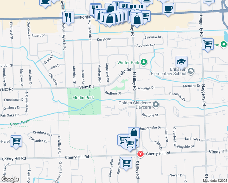 map of restaurants, bars, coffee shops, grocery stores, and more near 42658 Redfern Street in Canton