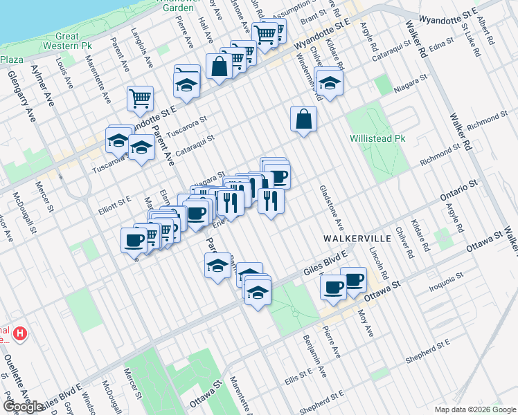 map of restaurants, bars, coffee shops, grocery stores, and more near 1165 Erie Street East in Windsor