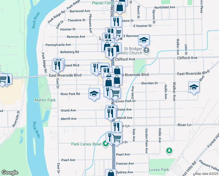 map of restaurants, bars, coffee shops, grocery stores, and more near 429 Sheridan Drive in Loves Park