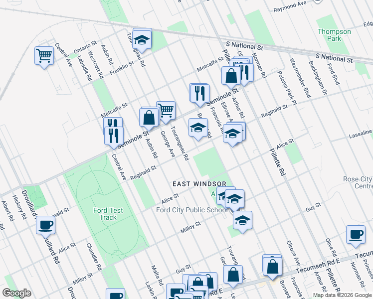 map of restaurants, bars, coffee shops, grocery stores, and more near 1594 Tourangeau Road in Windsor