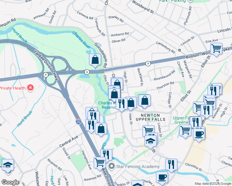 map of restaurants, bars, coffee shops, grocery stores, and more near 1009 Chestnut Street in Newton