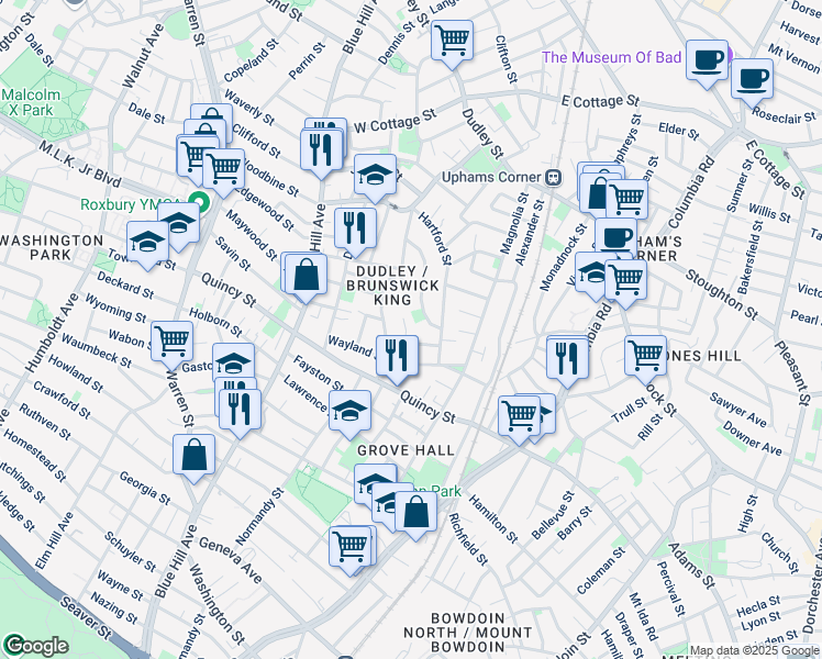 map of restaurants, bars, coffee shops, grocery stores, and more near 96 Woodledge Street in Boston