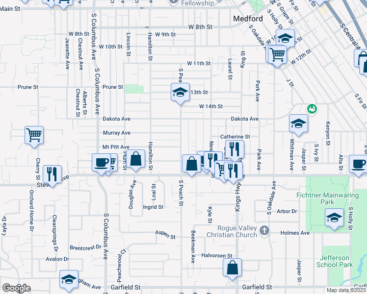 map of restaurants, bars, coffee shops, grocery stores, and more near 818 South Peach Street in Medford