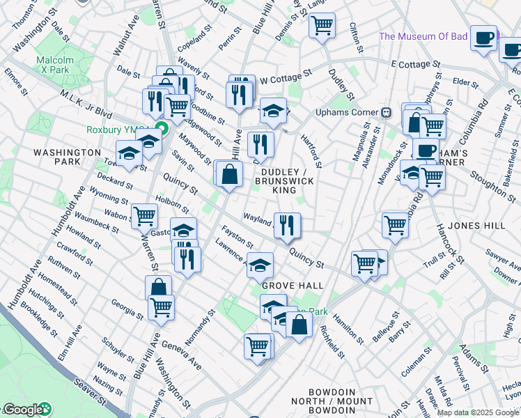 map of restaurants, bars, coffee shops, grocery stores, and more near 21 Balfour Street in Boston