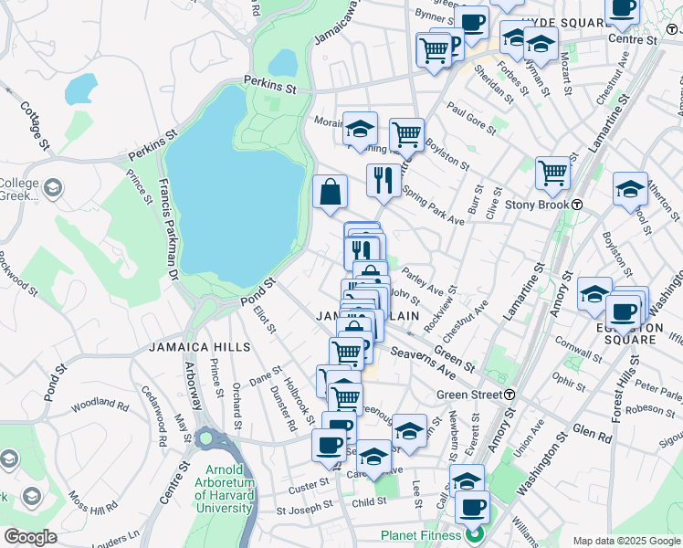 map of restaurants, bars, coffee shops, grocery stores, and more near 21 Pond Street in Boston