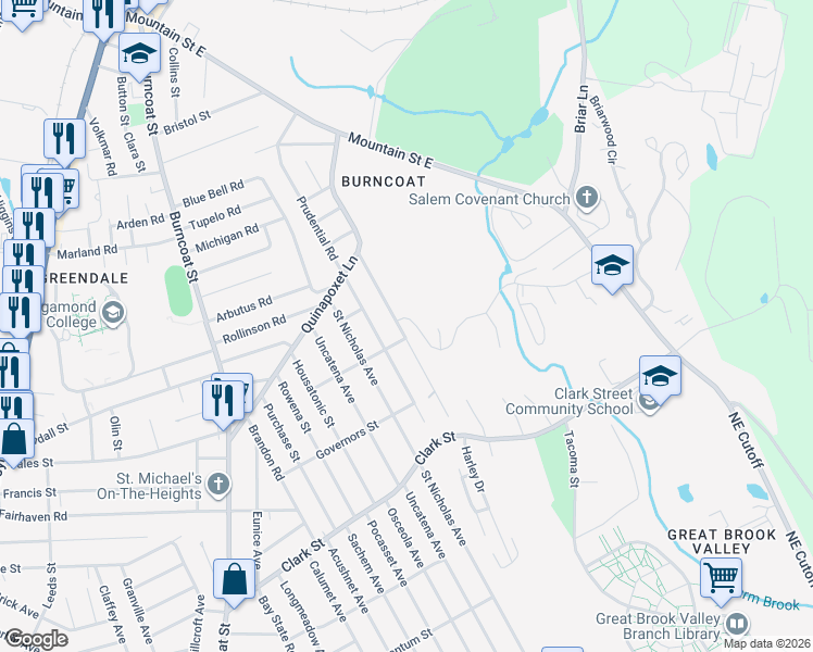 map of restaurants, bars, coffee shops, grocery stores, and more near 56 Garrison Avenue in Worcester