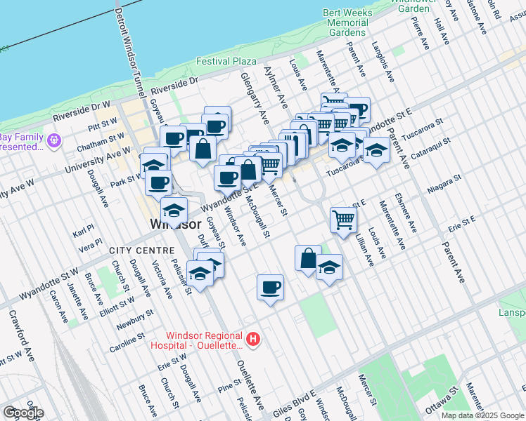 map of restaurants, bars, coffee shops, grocery stores, and more near 379 Tuscarora Street in Windsor