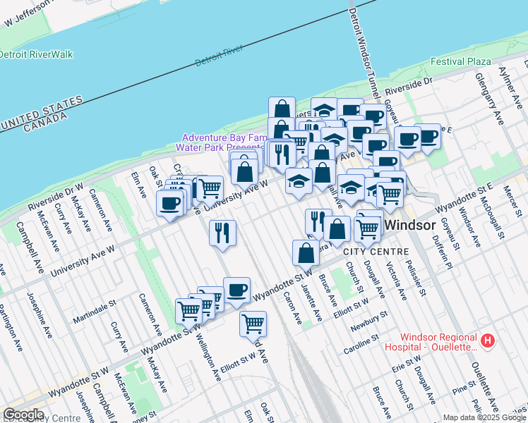 map of restaurants, bars, coffee shops, grocery stores, and more near 359 Janette Avenue in Windsor