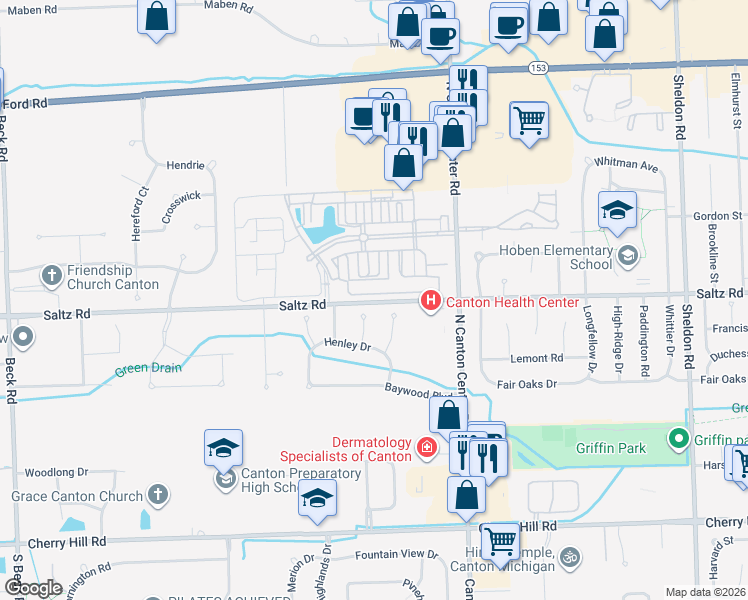 map of restaurants, bars, coffee shops, grocery stores, and more near 46089 Saltz Road in Canton