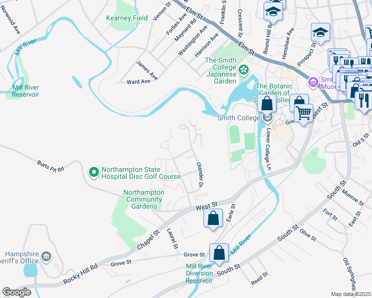 map of restaurants, bars, coffee shops, grocery stores, and more near 15 Ford Crossing in Northampton