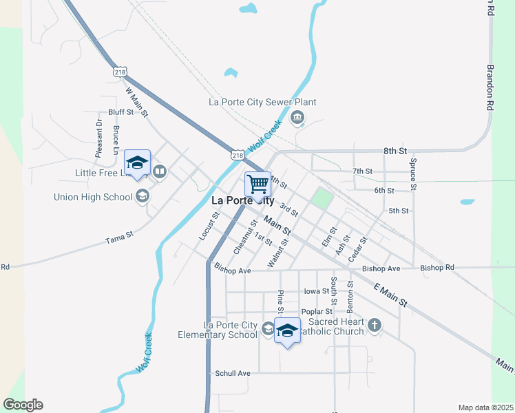 map of restaurants, bars, coffee shops, grocery stores, and more near 316 Main Street in La Porte City