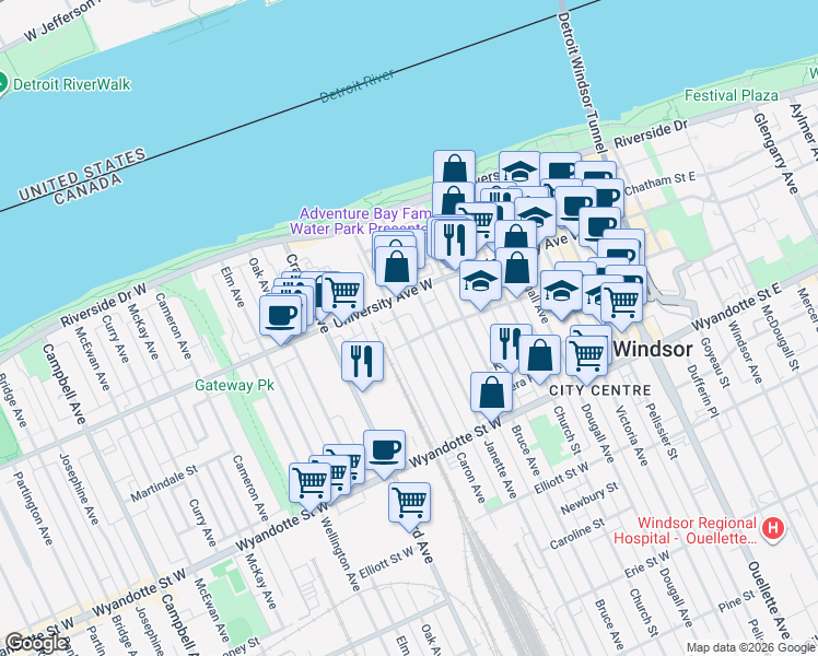 map of restaurants, bars, coffee shops, grocery stores, and more near 360 Caron Avenue in Windsor