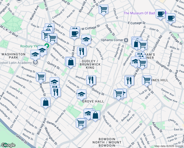 map of restaurants, bars, coffee shops, grocery stores, and more near 99 Woodledge Street in Boston