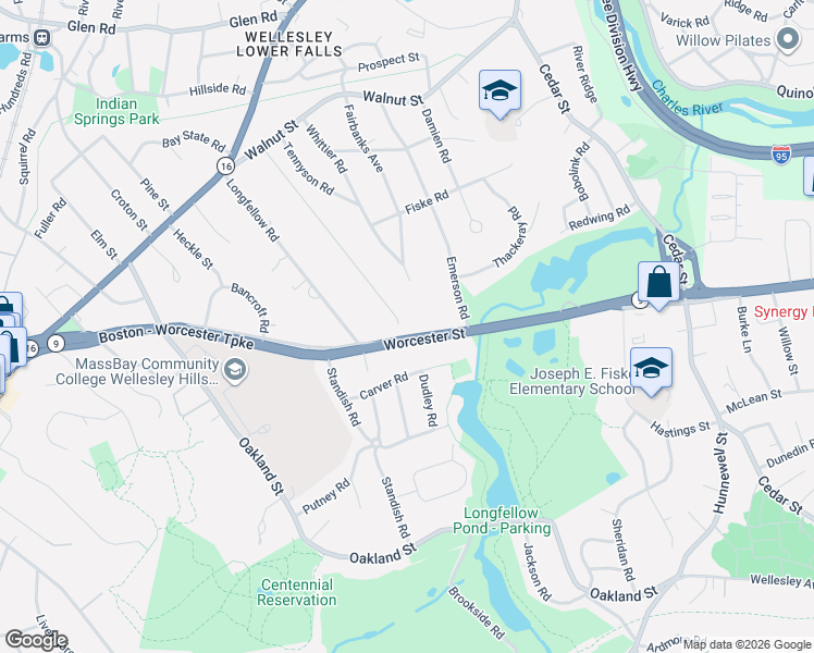 map of restaurants, bars, coffee shops, grocery stores, and more near 96 Washburn Avenue in Wellesley