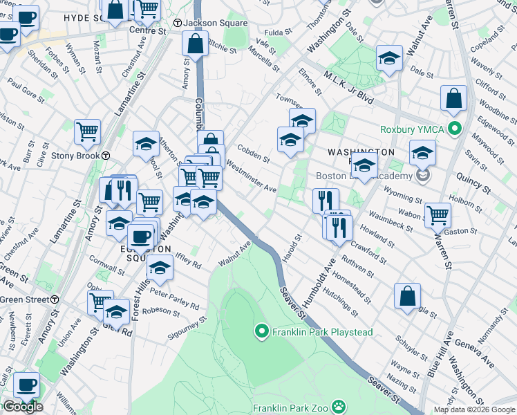 map of restaurants, bars, coffee shops, grocery stores, and more near 76 Walnut Park in Boston