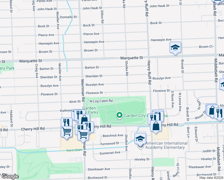 map of restaurants, bars, coffee shops, grocery stores, and more near 30908 Florence Street in Garden City