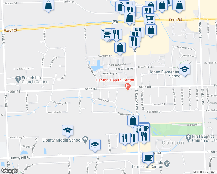 map of restaurants, bars, coffee shops, grocery stores, and more near 46089 Saltz Road in Canton