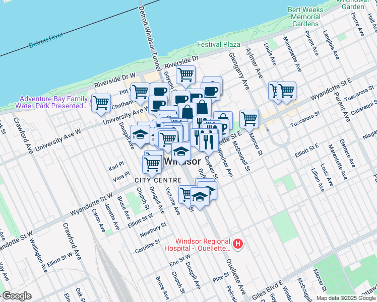 map of restaurants, bars, coffee shops, grocery stores, and more near 503 Goyeau Street in Windsor