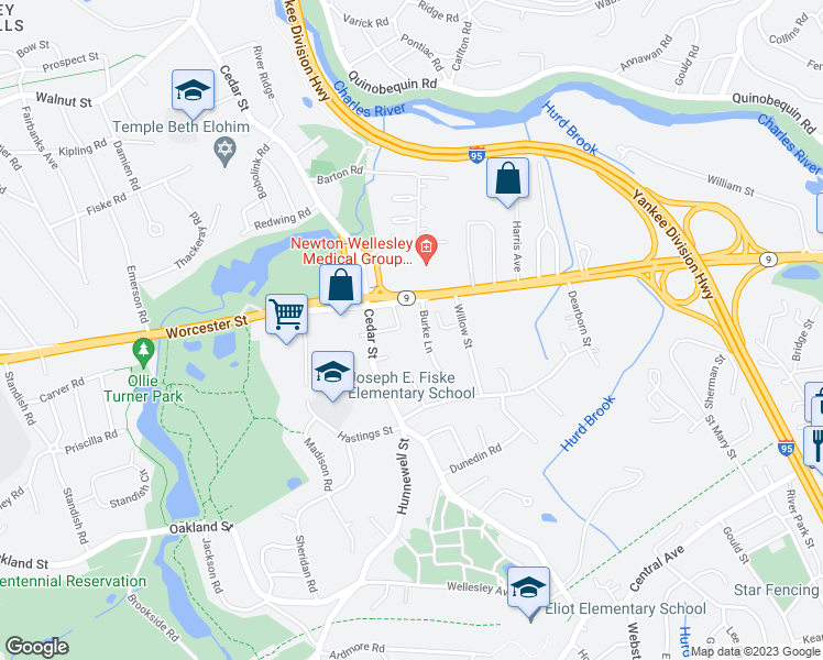 map of restaurants, bars, coffee shops, grocery stores, and more near 192 Worcester Street in Wellesley