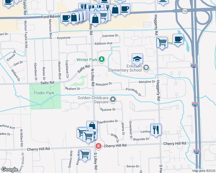 map of restaurants, bars, coffee shops, grocery stores, and more near 42021 Metaline Drive in Canton