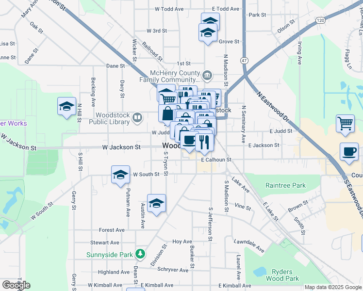 map of restaurants, bars, coffee shops, grocery stores, and more near in Woodstock