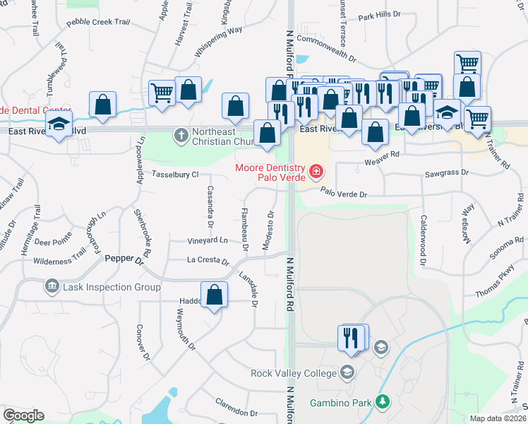 map of restaurants, bars, coffee shops, grocery stores, and more near 3752 Modesto Drive in Rockford
