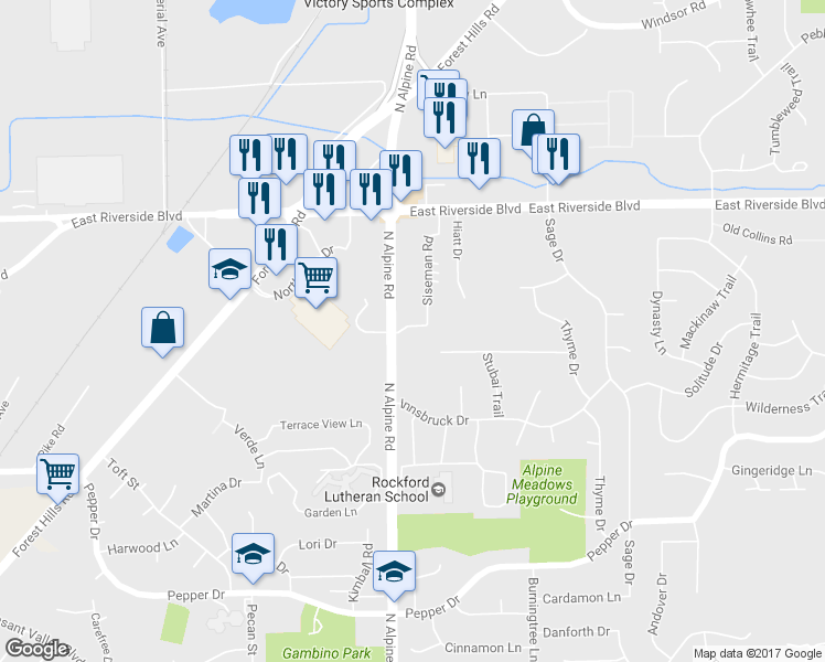 map of restaurants, bars, coffee shops, grocery stores, and more near 3701 North Alpine Road in Rockford