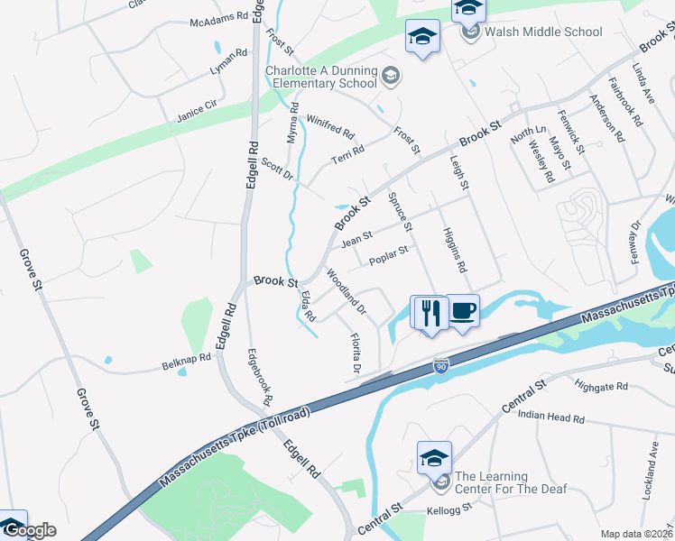 map of restaurants, bars, coffee shops, grocery stores, and more near 8 Woodland Drive in Framingham
