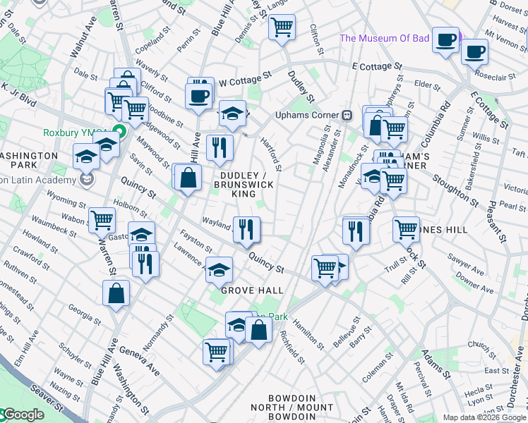 map of restaurants, bars, coffee shops, grocery stores, and more near 47 Sargent Street in Boston