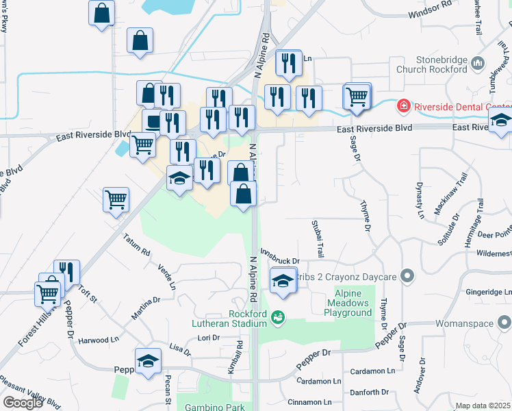 map of restaurants, bars, coffee shops, grocery stores, and more near 3705 North Alpine Road in Rockford
